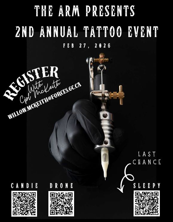 Hand holding a tattoo gun with QR codes for the available artists.