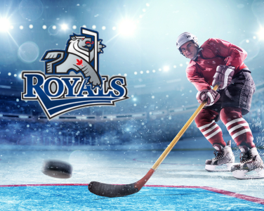 Hockey player and puck beside a Victoria Royals logo.
