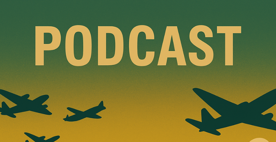 The word "Podcast" is written across the image, while planes soar through the sky around it.