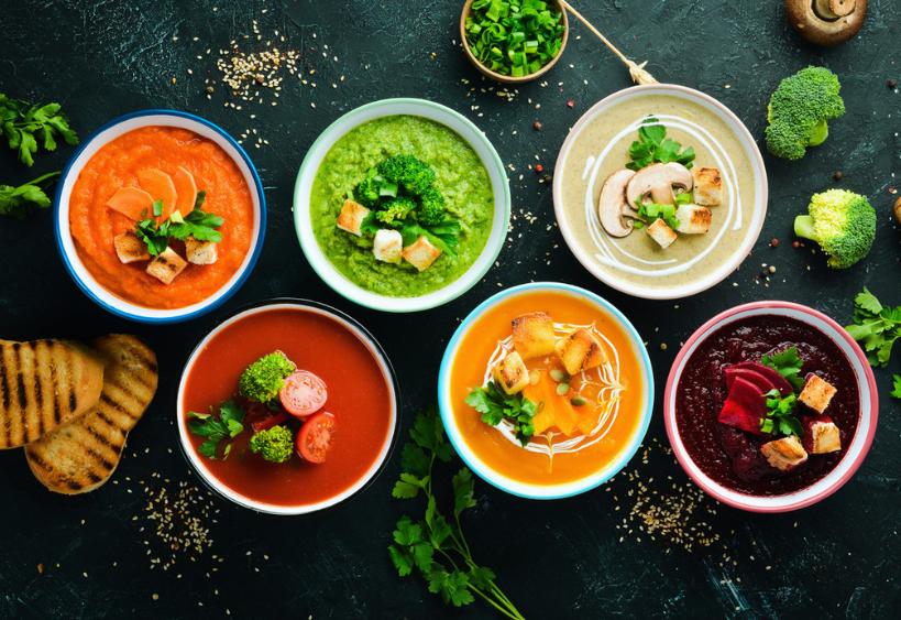 Assortment of colored vegetable cream soups