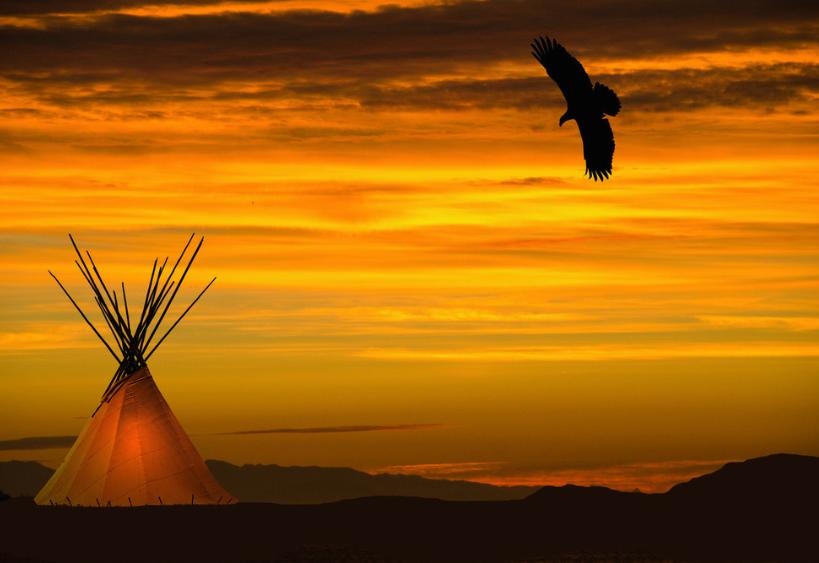 Lighted teepee and eagle overhead- orange sunset