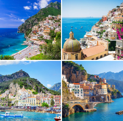 An image with 4 different photos of the Amalfi Coast