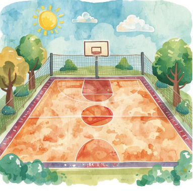 A watercolour painting of a basketball court on a sunny day