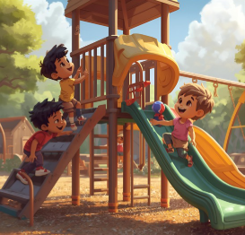 Three cartoon children playing at a playground