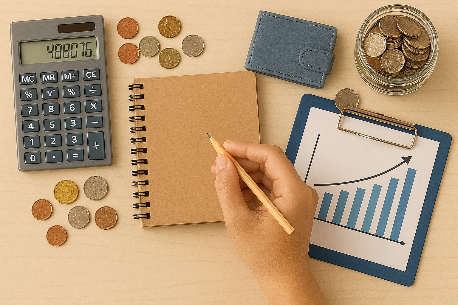 picture of calulator, notebook, some coins, wallet and a graph showing an arrow going up