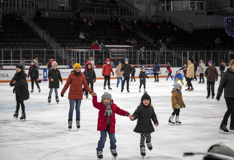 People skating on an indoor rink.