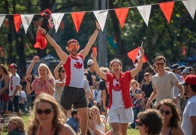 People celebrating Canada Day in a park.