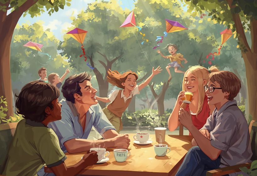People sitting outdoors at a table with coffee while children fly colorful kites in a tree-filled park.