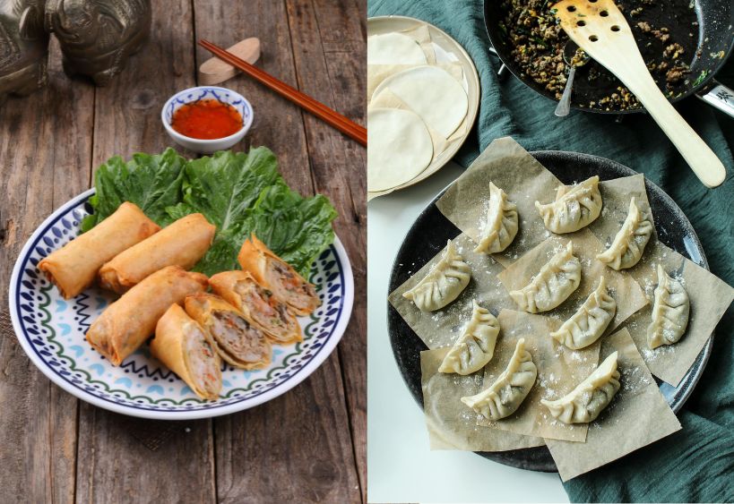A plate of spring rolls and dumplings