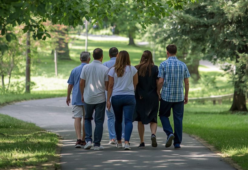 Group walking in a park