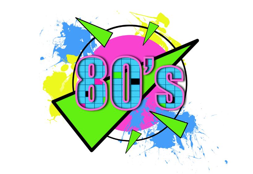 A colourful retro-style 1980s graphic features the text “80’s” surrounded by vibrant geometric shapes.