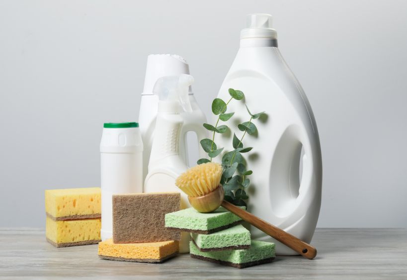 A selection of household cleaning products, sponges, and a scrub brush arranged on a table.