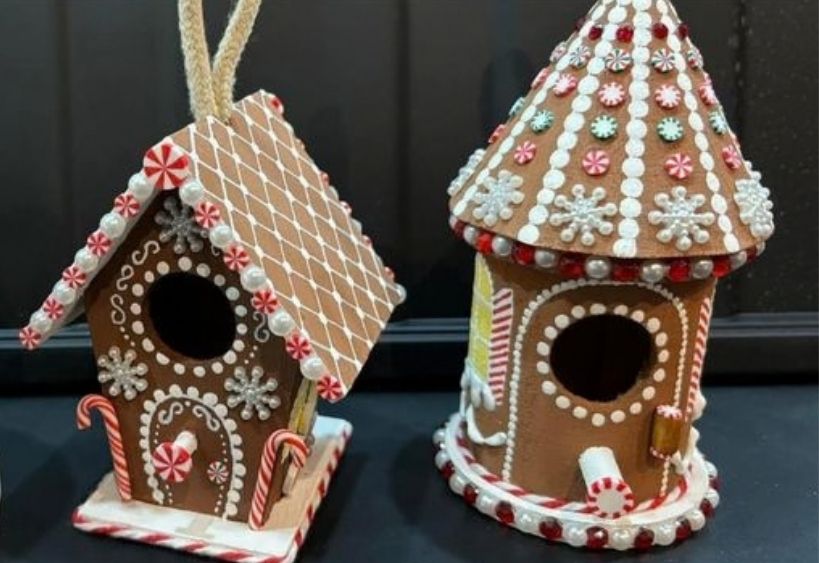 Decorated gingerbread-style birdhouses