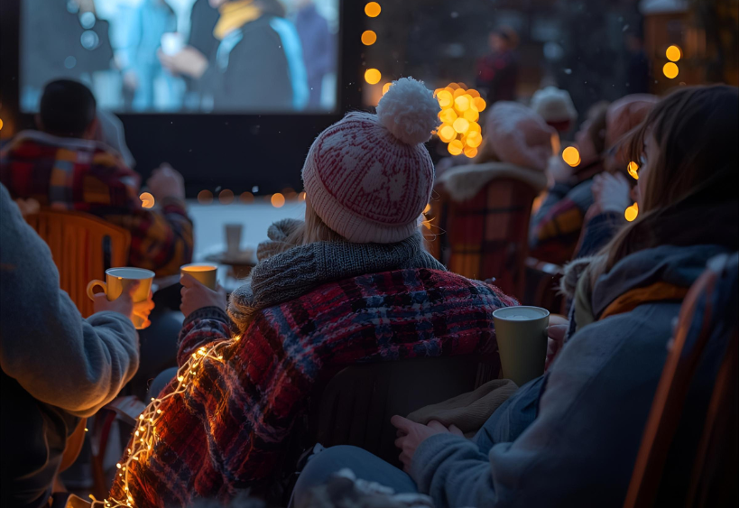 People watching a movie outside