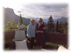 two women with mountains in the background