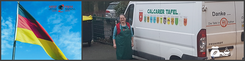German flag and a woman standing next to a van