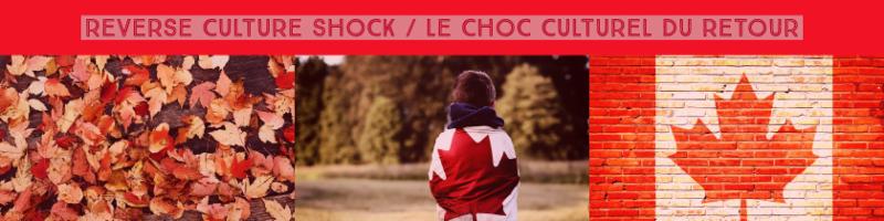Text: Reverse Culture Shock with images of leaves, kid wrapped in canadian flag and canadian flag on its own