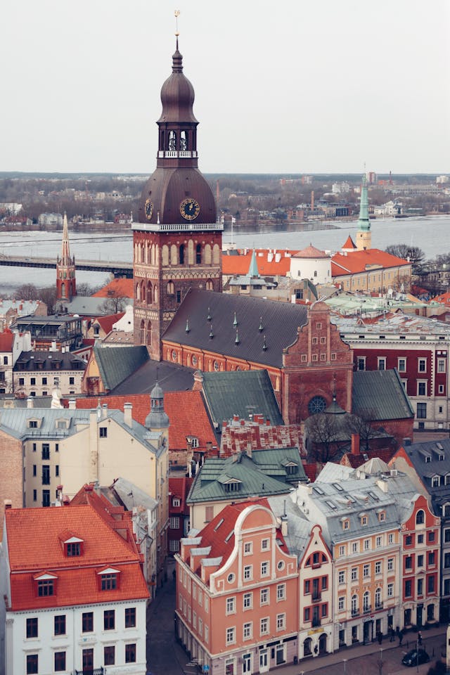 Aerial View of the Riga Cathedral among Historic Buildings in the Old Town, Riga, Latvia