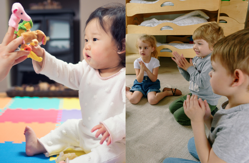 Toddler and parent finger puppet, children singing in a circle 