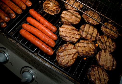 hot dogs & hamburgers on the BBQ
