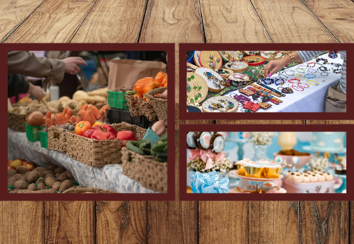 a 3 picture collage showing fresh produce, homemade jewelry and homemade pastries