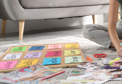 a push pin board with goals written in coloured paper stuck to them with magazines, pages and scissors spread on the floor