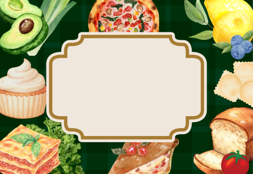a dark green background with a variety of food items along the edges and a label in the centre