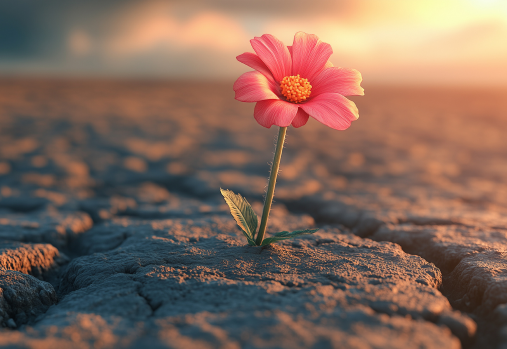 a pink daisy growing from dry dirt