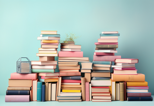 books piled against a light blue wall