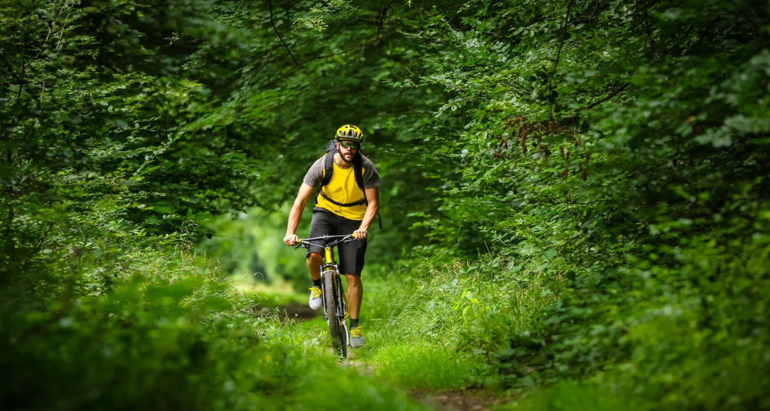 biking on a trail in a forest