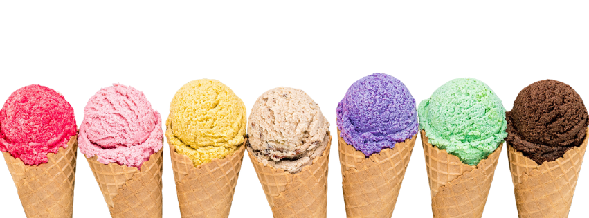picture of a row of ice cream cones with ice cream colours of the rainbow