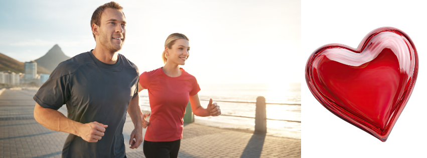 male and female running at the beach and a cartoon heart