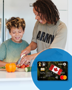 woman making dinner with son, SOT credit card