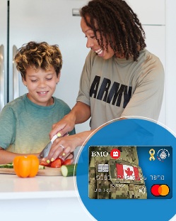 Mother and son in kitchen, BMO Mastercard logo