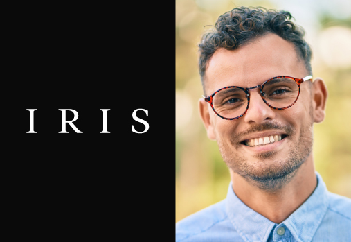 man wearing glasses, IRIS logo