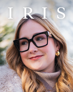 Woman wearing glasses, IRIS logo
