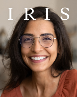 woman wearing glasses, IRIS logo