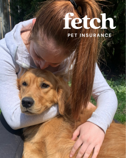 woman hugging her dog, Fetch logo
