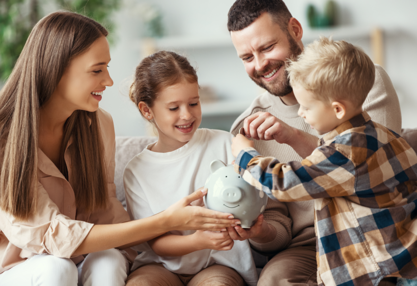 Happy family making savings