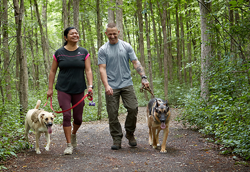 couple walking dogs in the woods