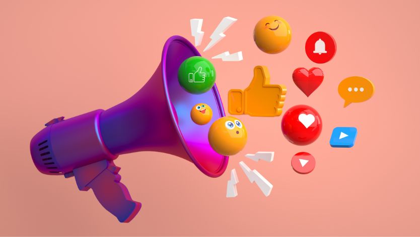 Megaphone with social media icons coming out of it.