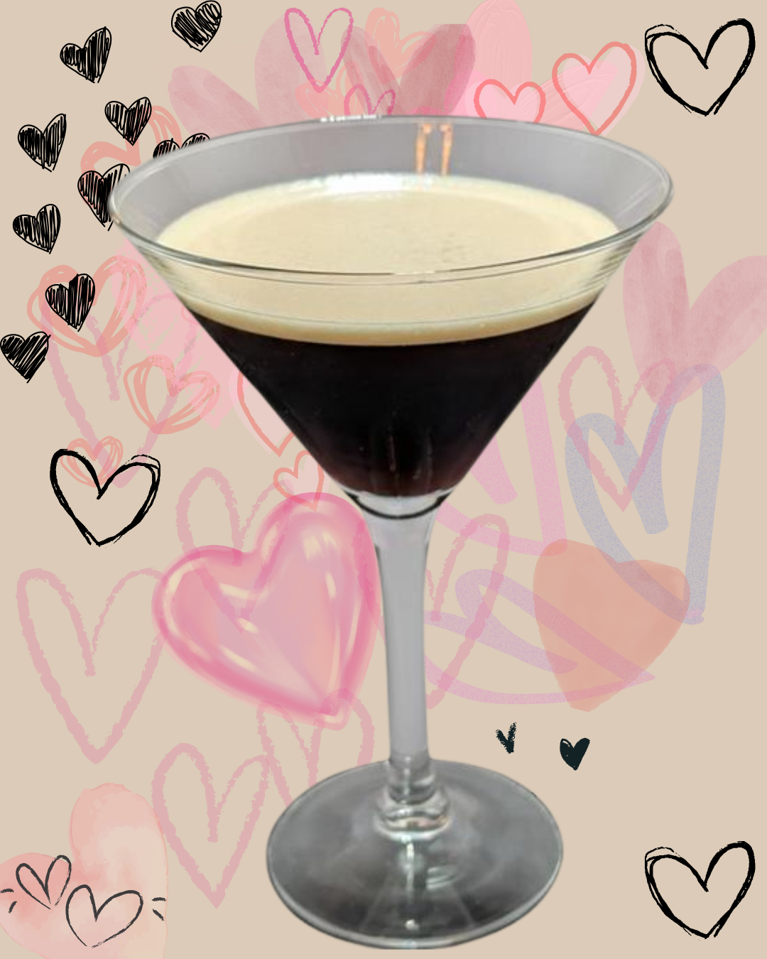 Image of an espresso MArtini with a Valentine's Day Background.