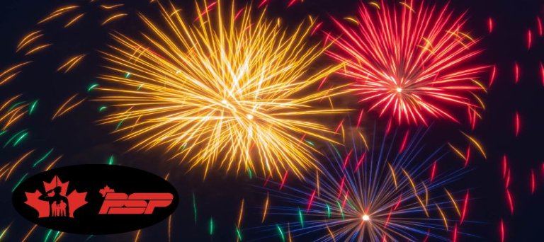 Fireworks in the sky with PSP logo.