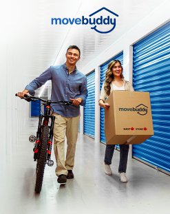couple in storage unit, MoveBuddy logo