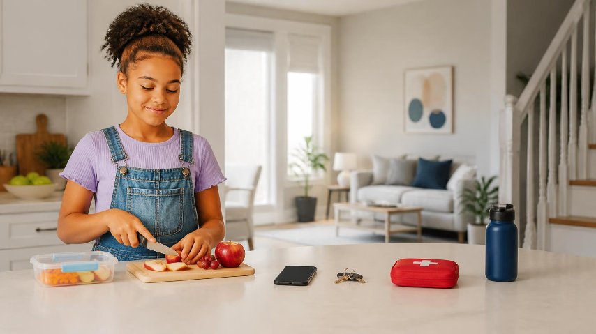 Child cutting fruit in kitchen
