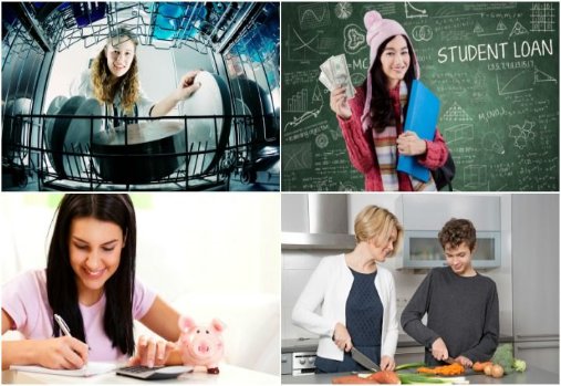 Teenager loading dishwasher, studying and helping cook dinner